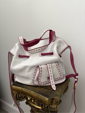 Lancel premier flirt leather White Shoulder Bag with Pink Trim and Top Handle